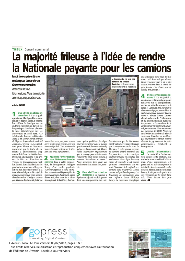 Article du Jour Verviers sur la motion communale déposée par Matthieu Daele sur la taxe kilométrique sur les camions