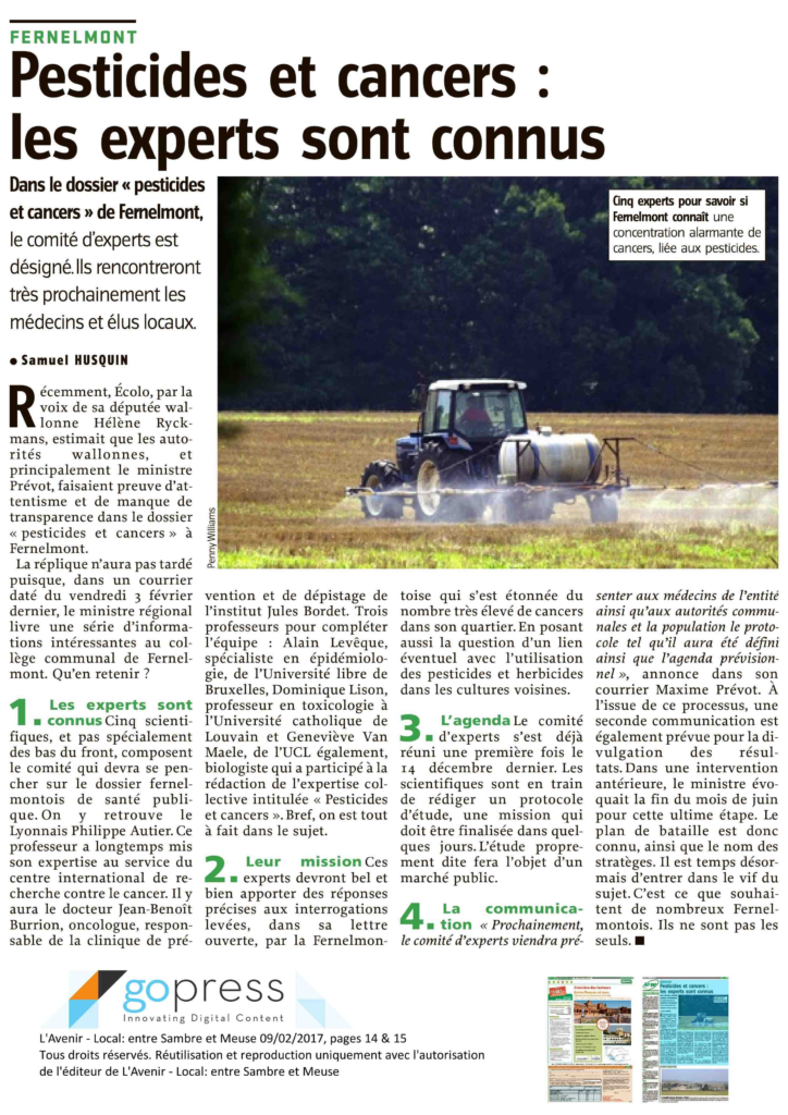 Article 170209 article de l'avenir sur les cas de cancer à Fernelmont