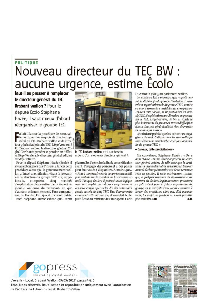 Article de lAvenir du 9 mars 2017 sur le nouveau directeur du TEC BW